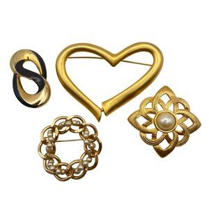 Vintage Gold Tone Brooch Lot Open Heart Floral Infinity Pearl Wreath Designs